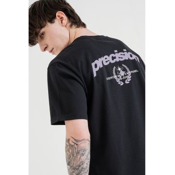 Tricou cu decolteu la baza gatului si imprimeu text - Negru/Violet prafuit