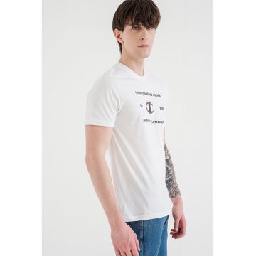 Tricou cu decolteu la baza gatului si logo - Alb/Albastru ultramarin