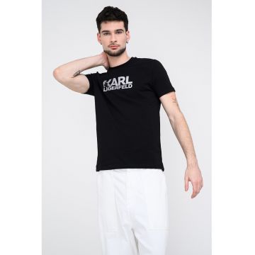 Tricou cu decolteu la baza gatului si logo - Negru/Argintiu