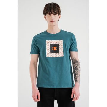 Tricou cu decolteu la baza gatului si logo - Portocaliu/Verde smarald