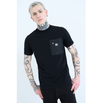 Tricou de bumbac cu buzunar cu fermoar - Negru