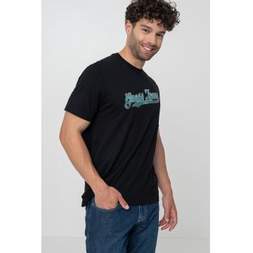 Tricou de bumbac cu decolteu la baza gatului - Negru/Verde persan