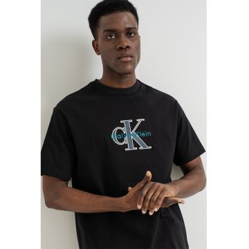 Tricou de bumbac cu logo brodat - Negru/Turcoaz