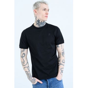 Tricou regular fit cu decolteu la baza gatului - Negru