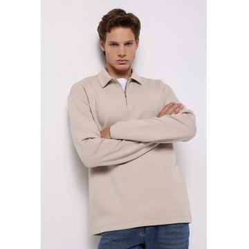 Bluza polo din amestec de bumbac cu fenta cu fermoar - Bej deschis