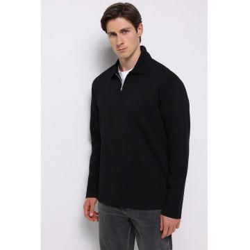 Bluza polo din amestec de bumbac cu fenta cu fermoar - Negru stins