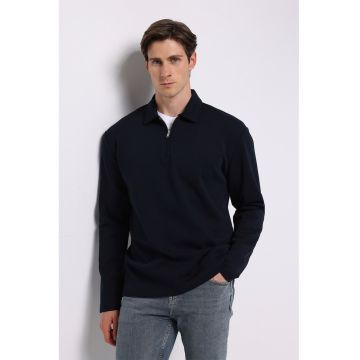 Bluza polo din amestec de bumbac cu fenta cu fermoar - Negru