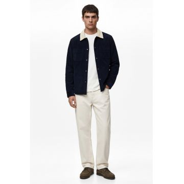 Jacheta-camasa din reiat si guler contrastant - Alb fildes/Albastru ultramarin