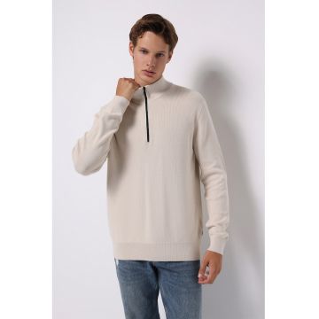 Pulover din bumbac cu fermoar scurt - Alb murdar