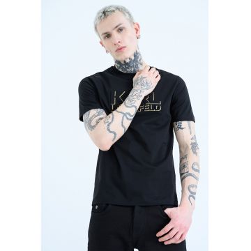 Tricou cu decolteu la baza gatului si imprimeu - Auriu/Negru