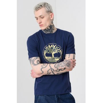 Tricou cu decolteu la baza gatului si imprimeu - Galben/Bleumarin