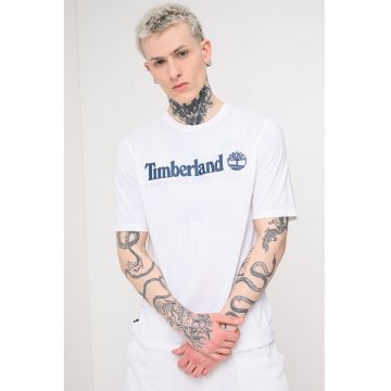 Tricou cu decolteu la baza gatului si imprimeu logo - Alb/Bleumarin