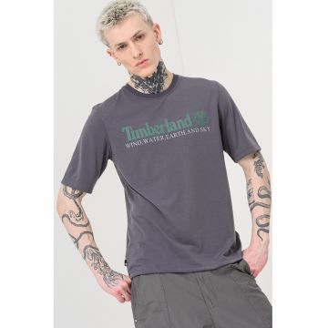 Tricou cu decolteu la baza gatului si imprimeu logo - Alb/Gri inchis