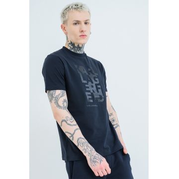 Tricou cu decolteu la baza gatului si imprimeu logo - Albastru ultramarin