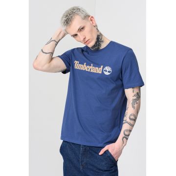 Tricou cu decolteu la baza gatului si imprimeu logo Linear - Albastru inchis/Maro deschis