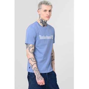 Tricou cu decolteu la baza gatului si imprimeu logo Linear - Albastru prafuit