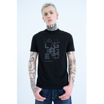 Tricou cu decolteu la baza gatului si imprimeu logo - Negru