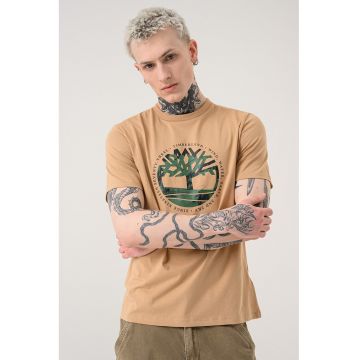 Tricou cu decolteu la baza gatului si imprimeu - Maro deschis