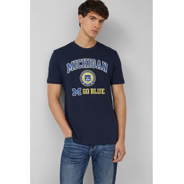 Tricou cu decolteu la baza gatului si imprimeu Michigan - Bleumarin
