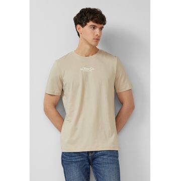 Tricou cu decolteu la baza gatului si logo - Bej