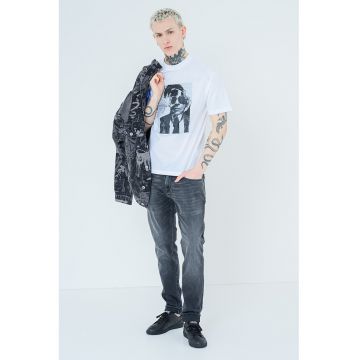 Tricou de bumbac cu impriemu grafic frontal - Alb/Gri cenusiu