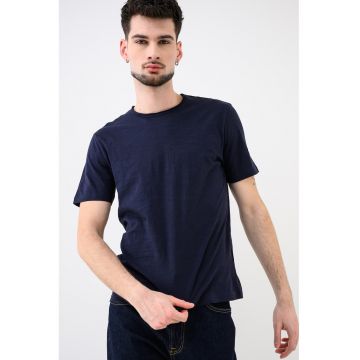 Tricou din bumbac cu decolteu la baza gatului - Bleumarin
