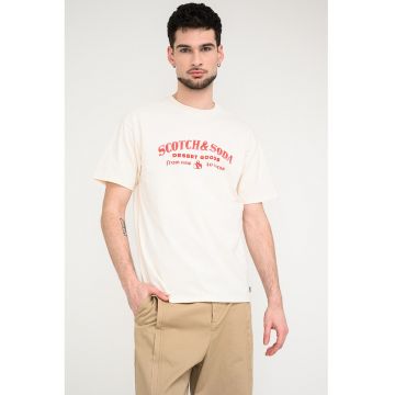 Tricou din bumbac organic cu imprimeu logo - Rosu/Bej deschis