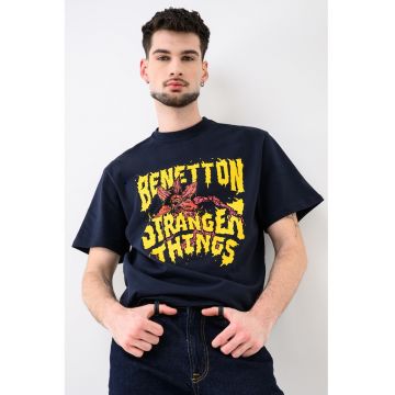 Tricou lejer cu imprimeu text frontal - Bleumarin