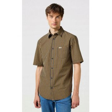 Camasa barbati -  cu carouri mici - scurta - culoare maro - bumbac -