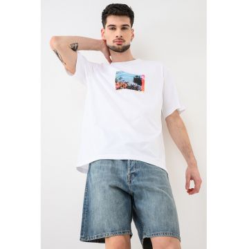 Tricou de bumbac organic cu imprimeu foto Axel - Alb/Turcoaz