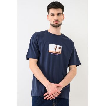 Tricou de bumbac organic cu imprimeu foto Axel - Albastru oceanic/Portocaliu pepene