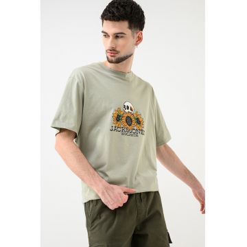 Tricou de bumbac organic cu imprimeu grafic si logo - Portocaliu/Gri cenusiu