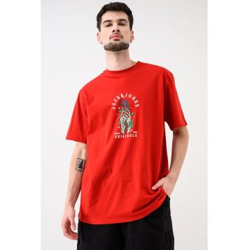 Tricou de bumbac organic cu imprimeu grafic si logo - Rosu/Verde