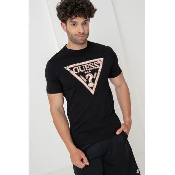 Tricou slim fit cu imprimeu logo - Negru/Roz somon