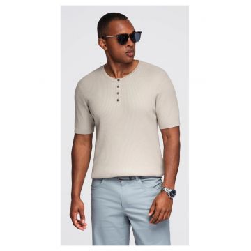 Tricou slim fit cu striatii si decolteu henley