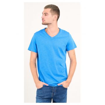 Tricou uni cu decolteu in V - Albastru