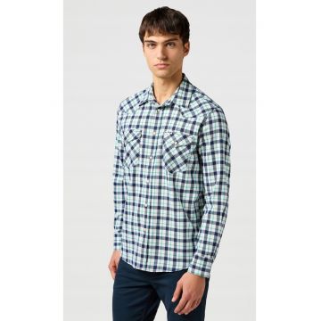 Camasa barbati -  camasa albastra din bumbac - regular fit - maneca scurta - fermoar