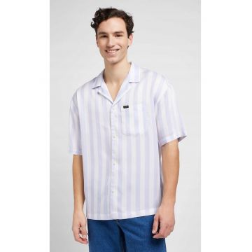 Camasa barbati  Camp Shirt - croiala lejera - alba cu dungi zmeurie - 100% lyocell - maneca scurta