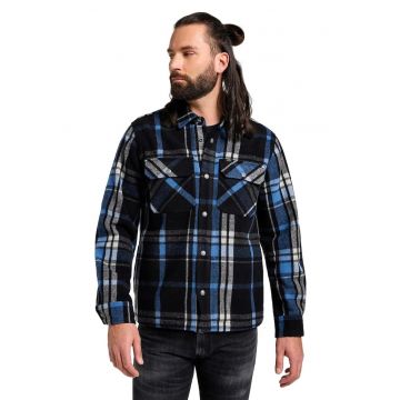 Camasa overshirt barbati  lana si bumbac - negru cu carouri - croiala clasica - cu doua buzunare