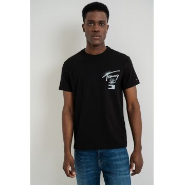 Tricou de bumbac cu decolteu la baza gatului - Negru/Albastru deschis