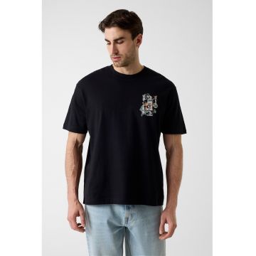 Tricou lejer de bumbac cu imprimeu - Negru