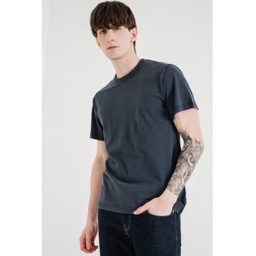 Tricou uni cu decolteu la baza gatului - Albastru inchis melange