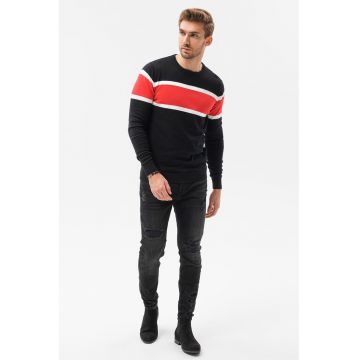 Pulover cu decolteu rotund si dungi - Rosu/Alb/Negru