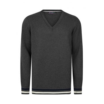 Pulover de bumbac cu detalii in dungi - Alb optic/Gri antracit