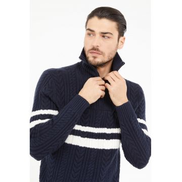 Pulover din amestec de lana cu model torsade si fenta cu fermoar - Alb/Albastru ultramarin