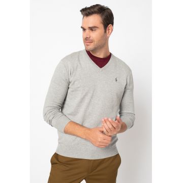 Pulover tricotat fin cu decolteu in V si logo discret - Gri melange