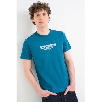 Tricou cu decolteu la baza gatului si imprimeu - Albastru