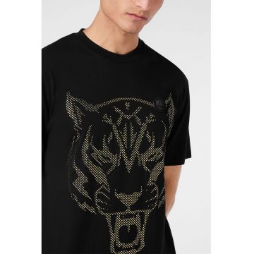 Tricou de bumbac cu strasuri - Auriu/Negru