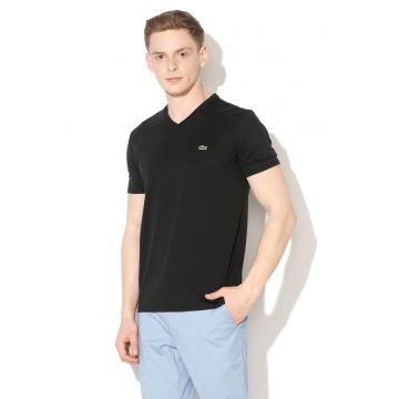 Tricou din bumbac cu decolteu in V - Negru