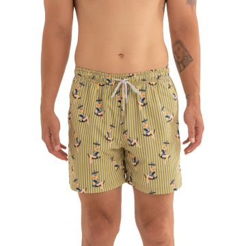 Pantaloni scurti de baie cu model si snur - Albastru lavanda/Galben mustar
